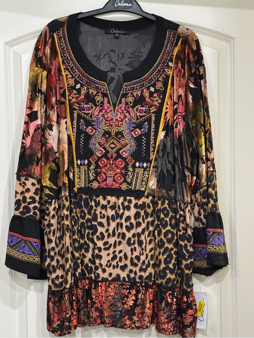 Calessa Black Multicolor Embroidered Leopard-Print Tunic/Blouse